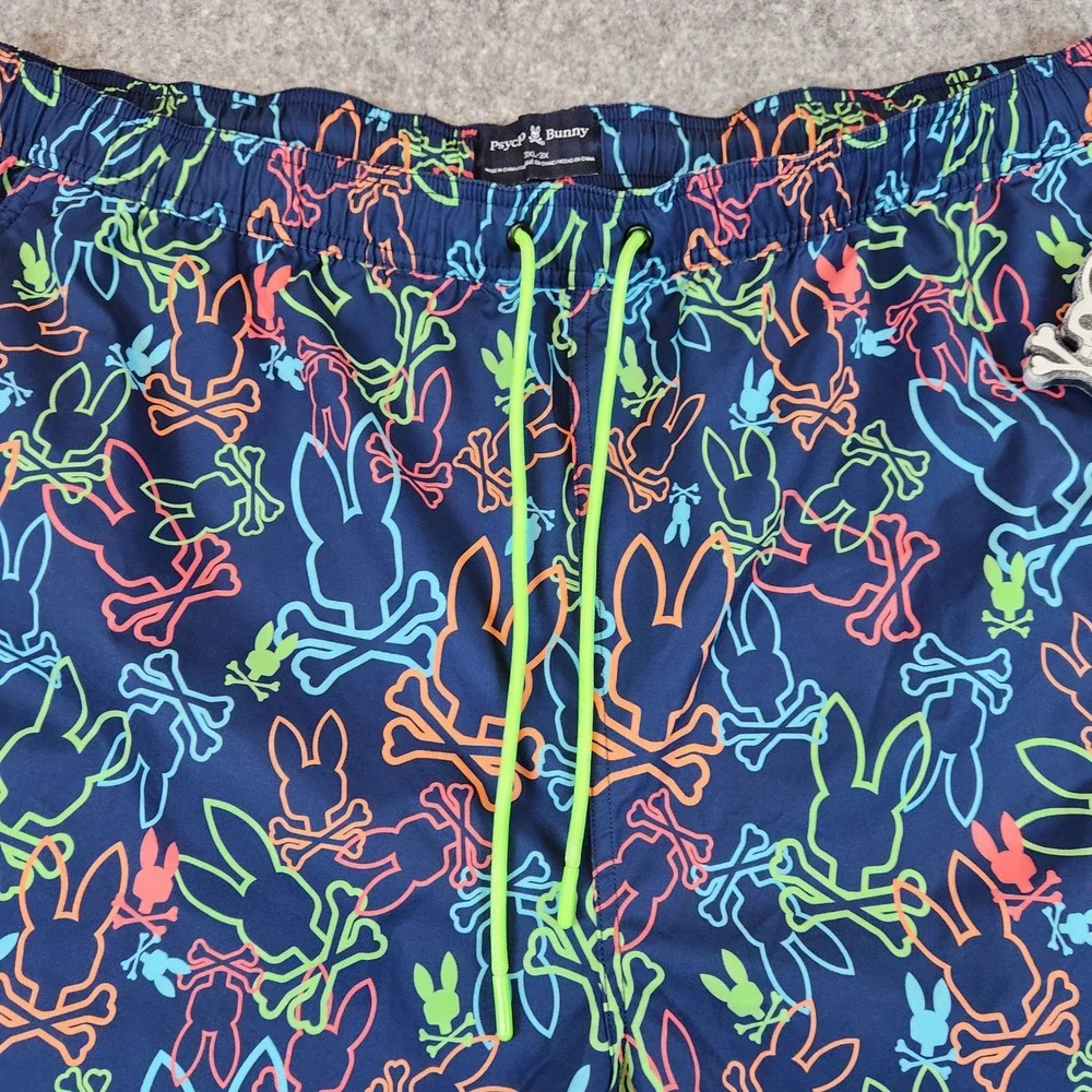 NEW Psycho Bunny Swim Trunks Men 3XL Blue Neon Bunny Print Mesh Lined Shorts